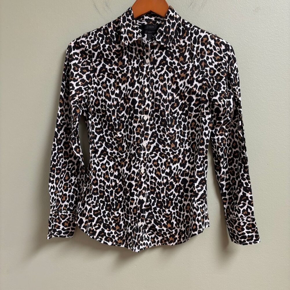 J Crew Womens Linen Cotton Leopard Print Slim Perfect Shirt Size XS Button‎